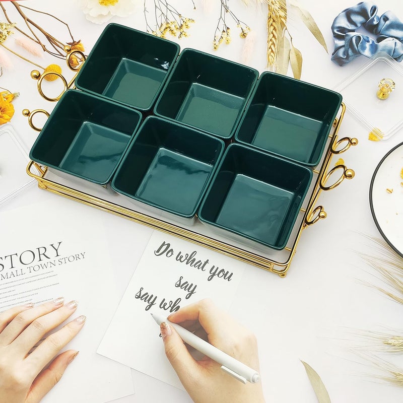 YA JU Ceramic Bowls and with Lid Gold Basket Trays, 6 Removable Small Bowls Condiment Trays Nut Serving Set for Snacks, Fruits, Candy and Condiments - Great for Parties, Holiday Gifts, Green - Image 4