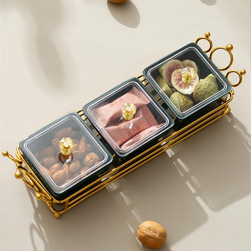 YA JU Ceramic Bowls and with Lid Gold Basket Trays, 6 Removable Small Bowls Condiment Trays Nut Serving Set for Snacks, Fruits, Candy and Condiments - Great for Parties, Holiday Gifts, Green - Image 5