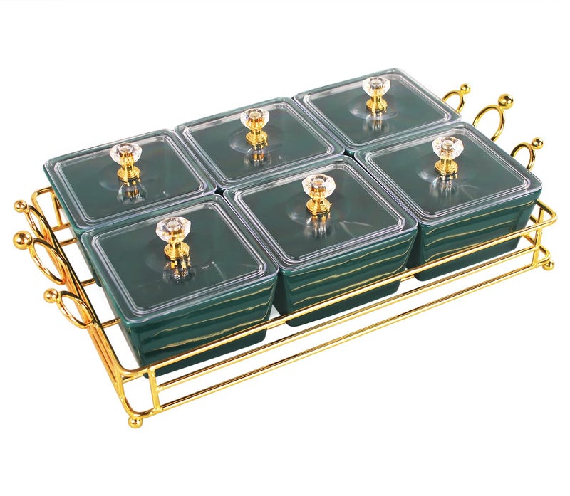 YA JU Ceramic Bowls and with Lid Gold Basket Trays, 6 Removable Small Bowls Condiment Trays Nut Serving Set for Snacks, Fruits, Candy and Condiments - Great for Parties, Holiday Gifts, Green - Image 1
