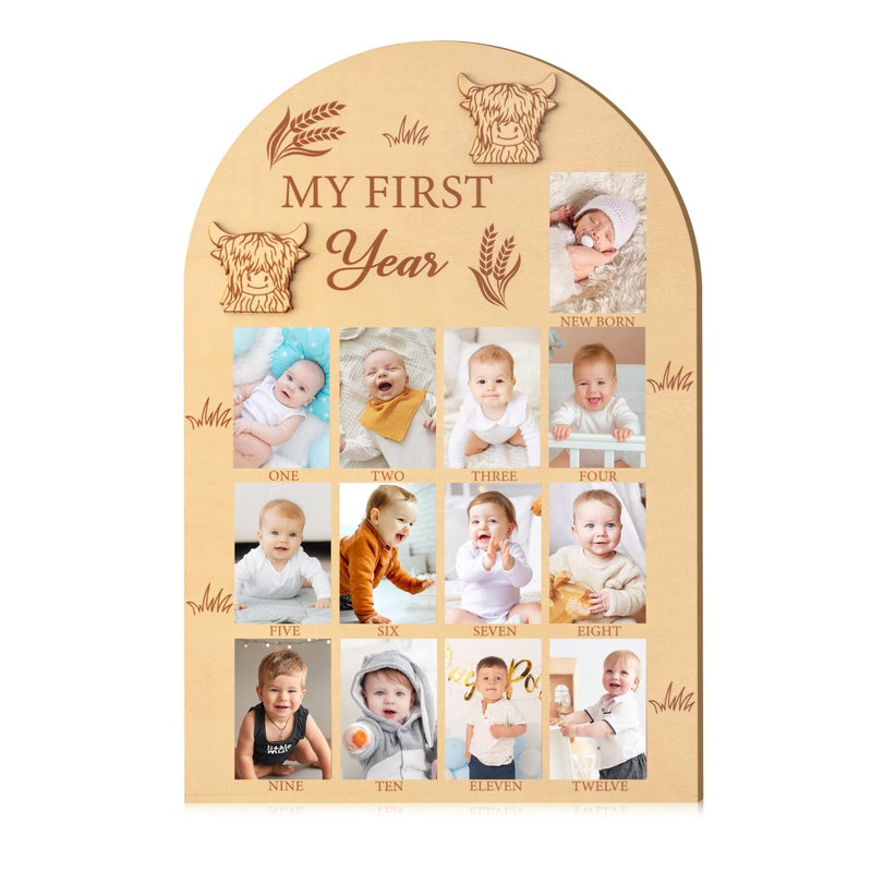 R HORSE R HORSE Picture Frame My First Year Photo Display Board Highland Cow Wood 157 x 11 inches Unisex Adult Gift