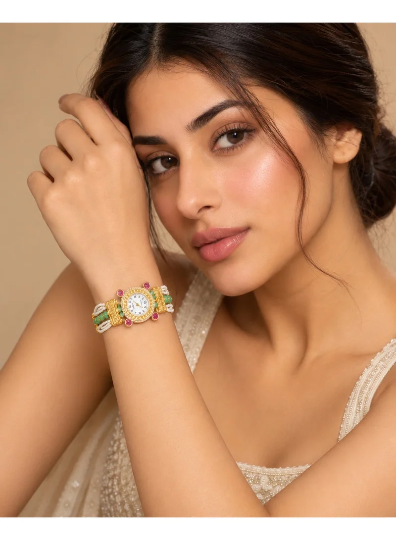 Lehar Pearl & Green Bead Bracelet Watch for Women - Gold Tone Indian Jewelry Watch
