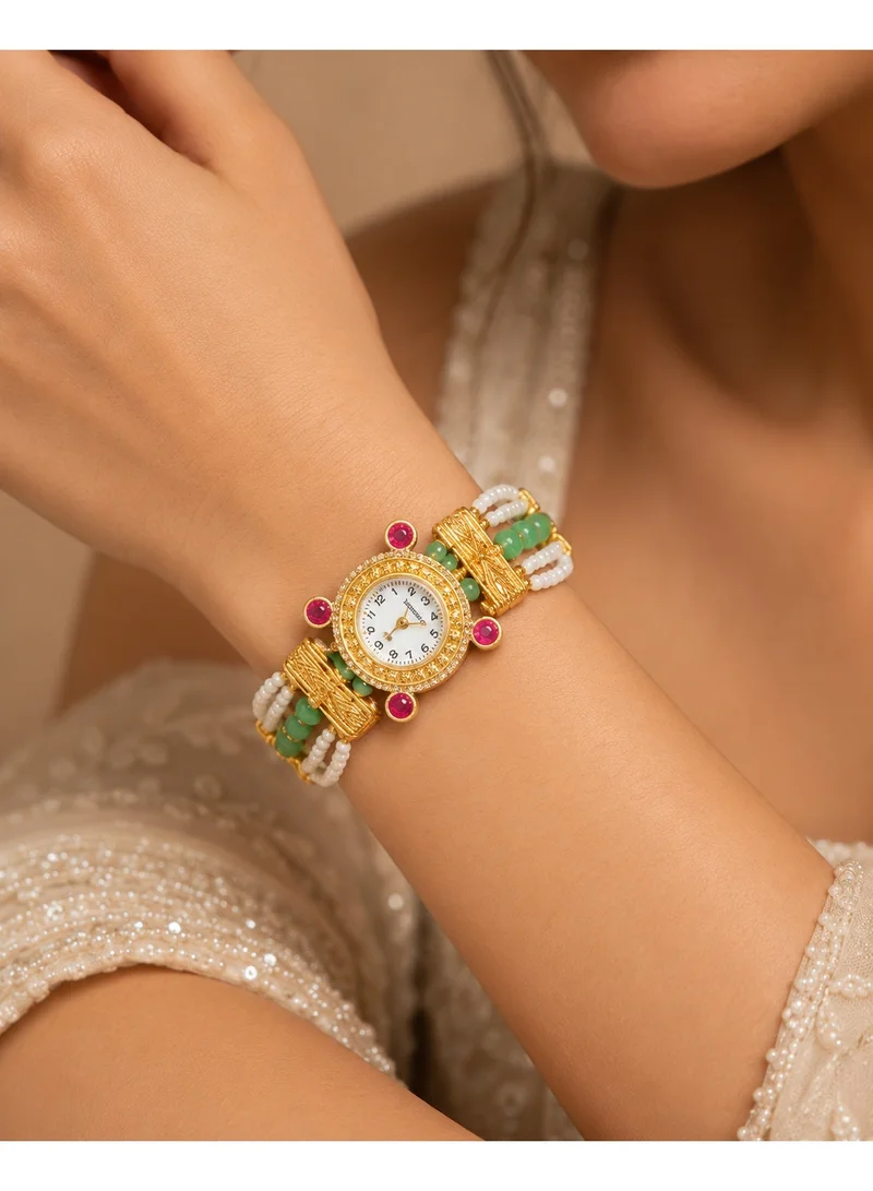 Lehar Pearl & Green Bead Bracelet Watch for Women - Gold Tone Indian Jewelry Watch