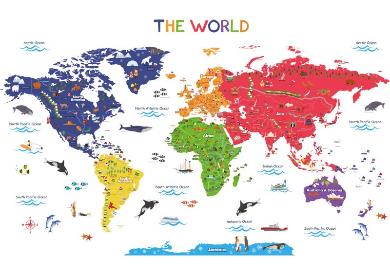 BASHOM SG2115 Large Animal Landmarks World Map Wall Decals Educational Stickers for Kids Nursery Bedroom Living Room Classroom Peel Stick Removable Poster mapa Mundi para pared Art