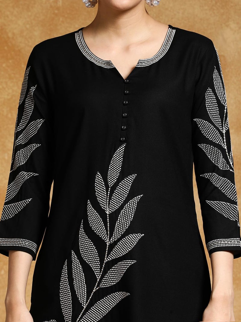 Varanga Women Thread Embroidered Floral Motif Kurta Black - Image 5