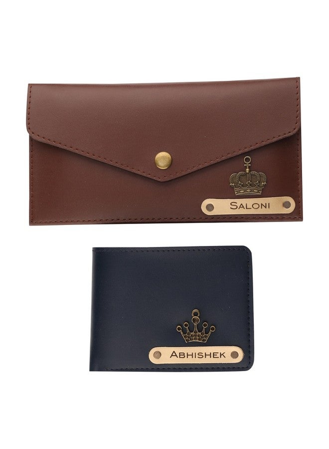 AICA Personalized Name, Charm & Color Couple Wallet for Men & Women Combo Gift Set | Marriage Wedding Anniversary Gift for Couples Friend Husband Wife,Brown - Image 1