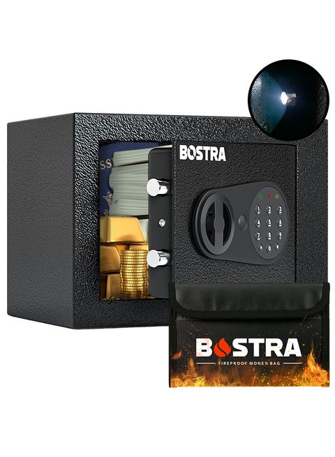 Bostra Fireproof Safe Box with Sensor Light & Fireproof Bag, Money Safe Box with Digital Keypad,Security Safe Box for Home, 0.23 Cubic Small Safe with Keys & Pass Code for Cash Jewelry Black