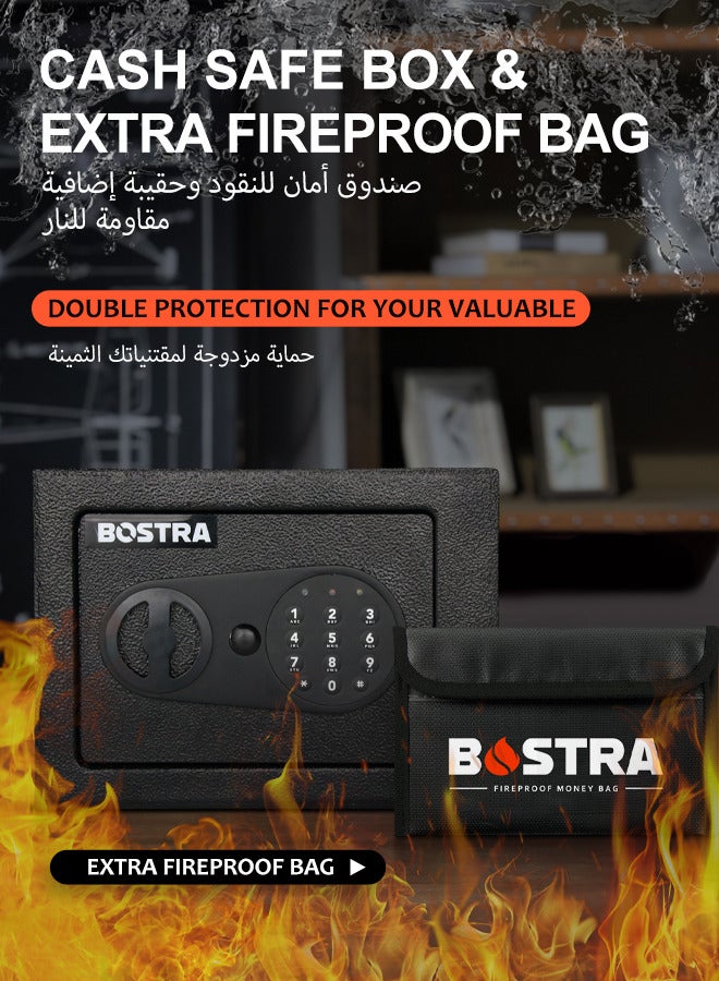 Bostra Fireproof Safe Box with Sensor Light & Fireproof Bag, Money Safe Box with Digital Keypad,Security Safe Box for Home, 0.23 Cubic Small Safe with Keys & Pass Code for Cash Jewelry Black