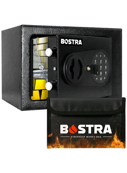 Bostra Fireproof Safe Box with Sensor Light & Fireproof Bag, Money Safe Box with Digital Keypad,Security Safe Box for Home, 0.23 Cubic Small Safe with Keys & Pass Code for Cash Jewelry Black