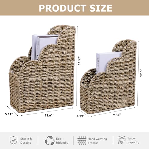 BROWNLILY Scalloped Magazine Holder Set of 2 - Natural Handwoven Seagrass Book Baskets for Bedroom, Bathroom, Living Room, Home, Office - Home Organization and Storage - Image 3