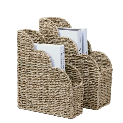 BROWNLILY Scalloped Magazine Holder Set of 2 - Natural Handwoven Seagrass Book Baskets for Bedroom, Bathroom, Living Room, Home, Office - Home Organization and Storage - Image 1