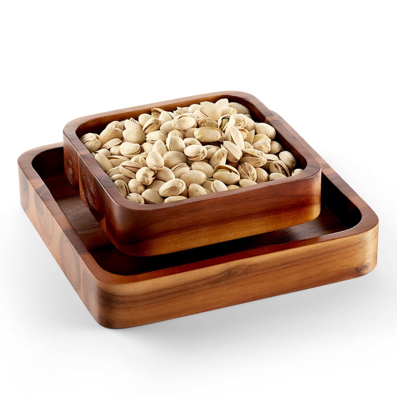 FANATU Wood Pistachio Snack Bowl with Shell Storage, Double Dish Holder Nut Bowl Pedestal for Sunflower Seed, Peanut, Cherries, Edamame (Brown) - Image 5