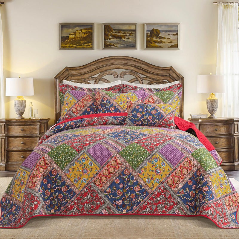 BEDIFANY Cotton King Quilt Set - Vintage Farmhouse Bedspread with Vibrant Floral Pattern, 3-Piece Lightweight Coverlet (98x106 Inch) + 2 Pillow Shams, All Seasons Multicolor Quilt Bedding Set - Image 1