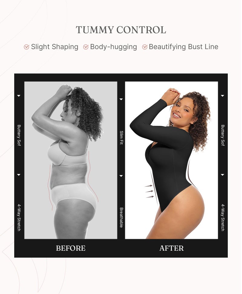 FeelinGirl Shapewear Bodysuit for Women Long Sleeve Tummy Control Body Suits Seamless Thong Body Shaper Black L - Image 3