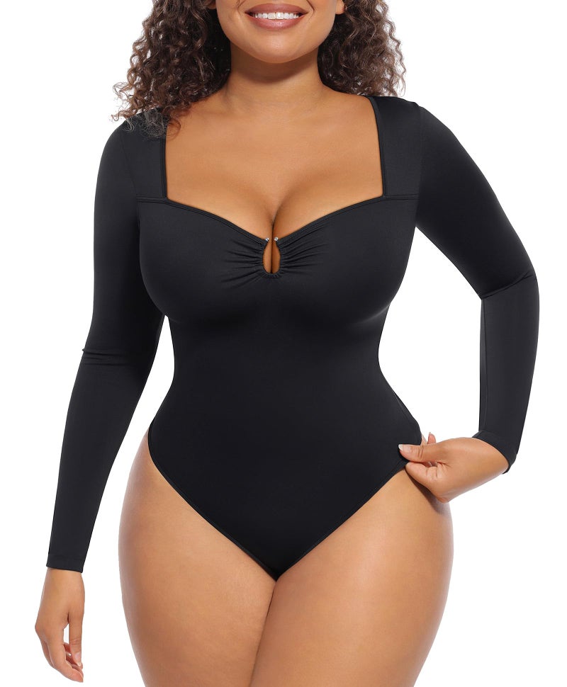 FeelinGirl Shapewear Bodysuit for Women Long Sleeve Tummy Control Body Suits Seamless Thong Body Shaper Black L - Image 1