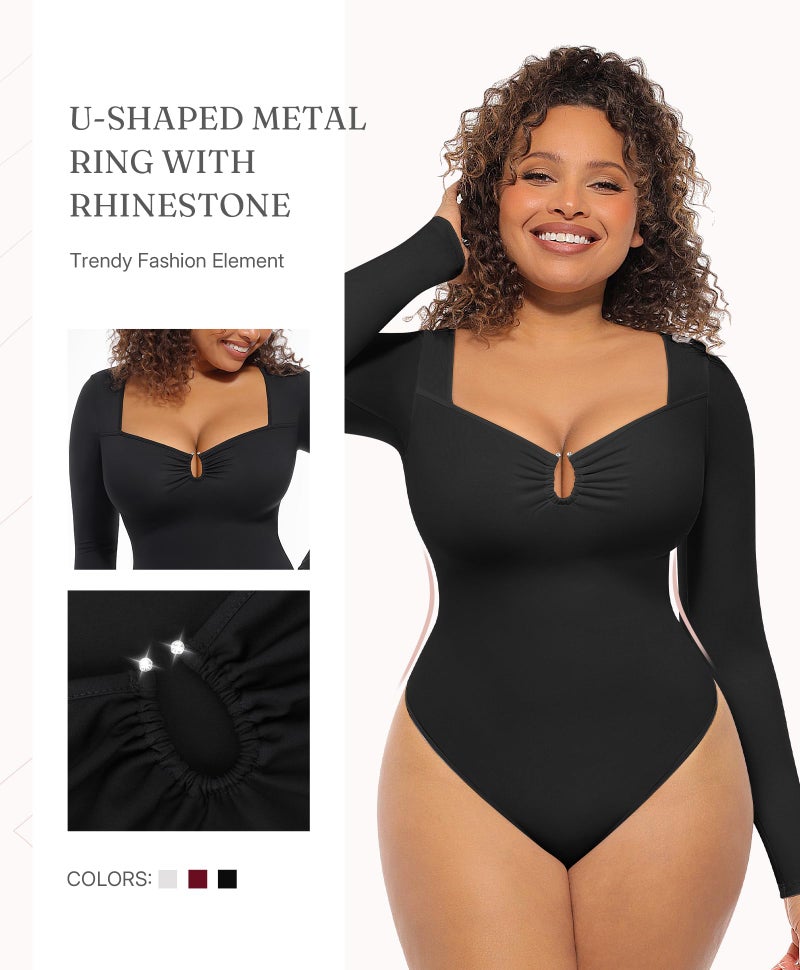 FeelinGirl Shapewear Bodysuit for Women Long Sleeve Tummy Control Body Suits Seamless Thong Body Shaper Black L - Image 4