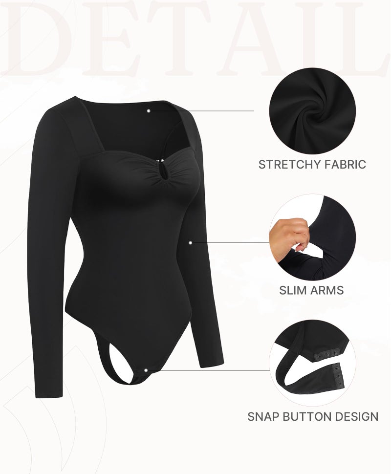 FeelinGirl Shapewear Bodysuit for Women Long Sleeve Tummy Control Body Suits Seamless Thong Body Shaper Black L - Image 5