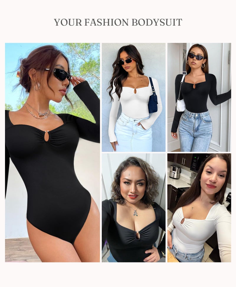 FeelinGirl Shapewear Bodysuit for Women Long Sleeve Tummy Control Body Suits Seamless Thong Body Shaper Black L - Image 2