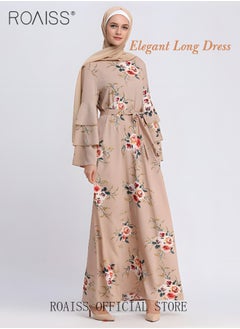 roaiss Ladies Dress Waisted Slim Long Sleeve Large Skirt Hem Printed Dress with Belt for Women Ladies Party Ramadan Eid al-Adha  - Image 4