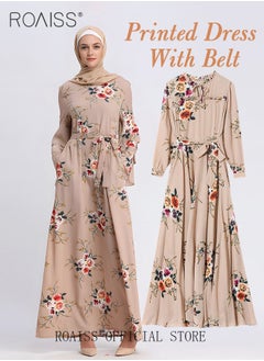 roaiss Ladies Dress Waisted Slim Long Sleeve Large Skirt Hem Printed Dress with Belt for Women Ladies Party Ramadan Eid al-Adha  - Image 1