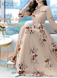 roaiss Ladies Dress Waisted Slim Long Sleeve Large Skirt Hem Printed Dress with Belt for Women Ladies Party Ramadan Eid al-Adha  - Image 5