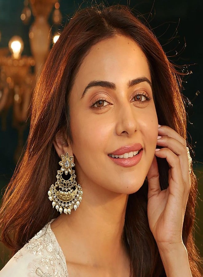 AccessHer Gold-Toned Traditional Earrings for Women | Chandbali with Kundan & Beads, Stylish Ethnic Earrings Set | Golden Earrings for Women & Girls (Golden) - Image 2