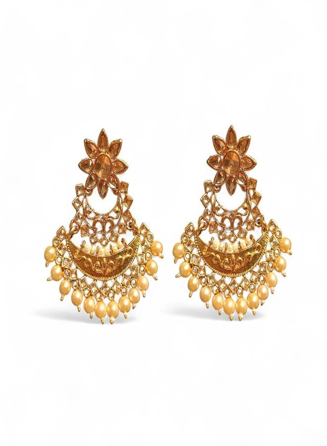 AccessHer Gold-Toned Traditional Earrings for Women | Chandbali with Kundan & Beads, Stylish Ethnic Earrings Set | Golden Earrings for Women & Girls (Golden) - Image 1