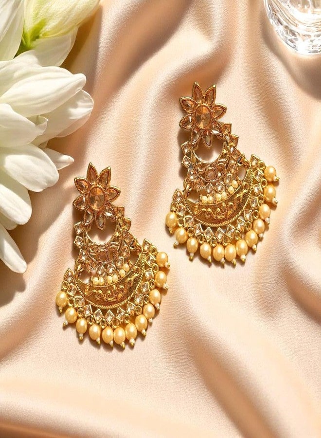 AccessHer Gold-Toned Traditional Earrings for Women | Chandbali with Kundan & Beads, Stylish Ethnic Earrings Set | Golden Earrings for Women & Girls (Golden) - Image 3