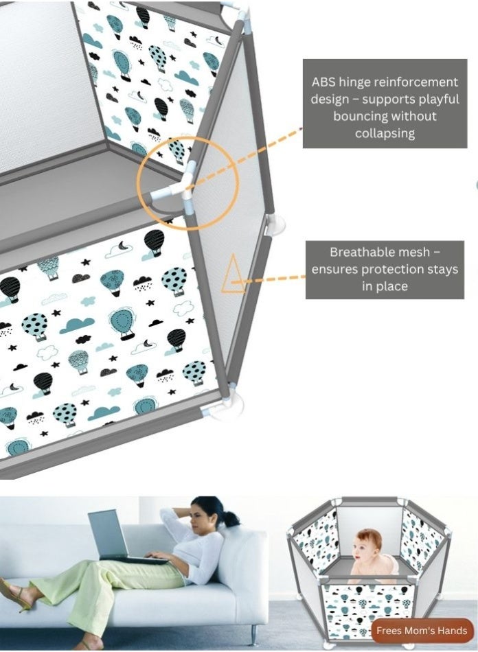 فيفا كيدز ساحة لعب للأطفال من فيڤاكيدز، 112 × 112 × 59 سم، تصميم سداسي آمن مع شبك قابل للتنفس، مانع للانقلاب، سياج أطفال قابل للنقل للاستخدام الداخلي والخارجي (رمادي) - Image 5