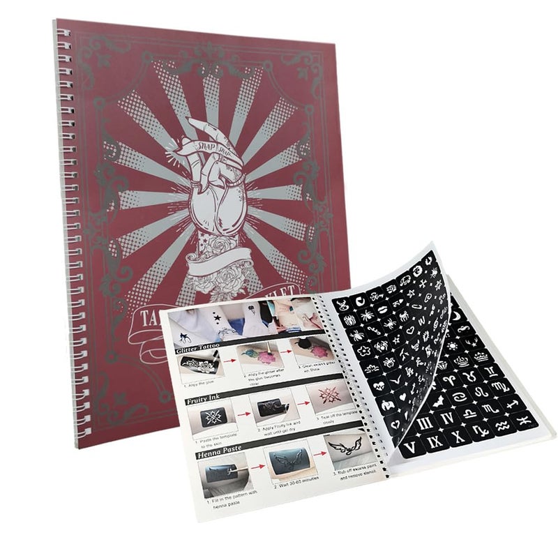 XMASIR Xmasir 20 Sheets Tattoo Album, 482Pcs Henna Tattoo Stencils Kit Glitter Airbrush Stencil Temporary Tattoo Stickers Book Set Women Face Paint Body Art Gifts for Boys and Girls (Red 1)