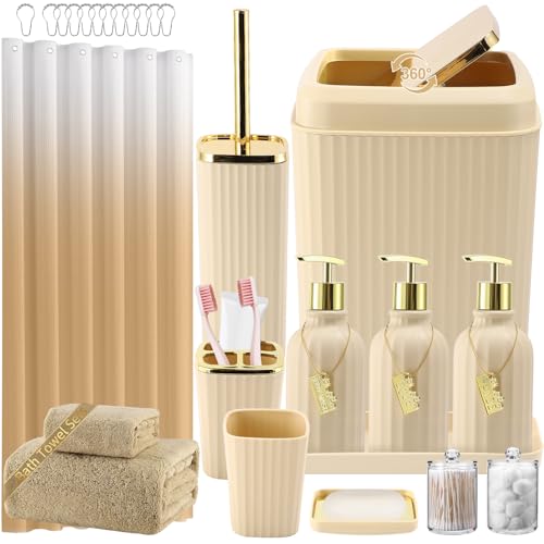 WSBArt 32PCS Bathroom Accessories Set Bathroom SetBeige Shower Curtain SetBath Towel SetHand TowelToilet BrushTrash Can 3PCS Soap Dispenser - Image 1