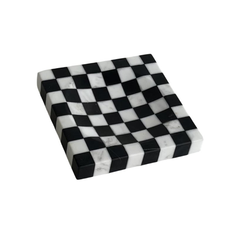 StonePlus Marble Stone Black and White Checkerboard Square Small Splicing Mosaic Tray Jewelry Dish Black and White