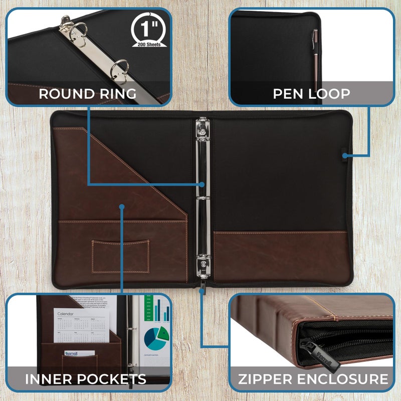Samsill Vintage Leather Mini 3 Ring Zipper Binder, 1 Inch Round Ring Capacity (Holds 200 Sheets), 5.5 x 8.5 Inch Documents, Notebook Organizer, Planner, Brown with Contrast Stitching - Image 3