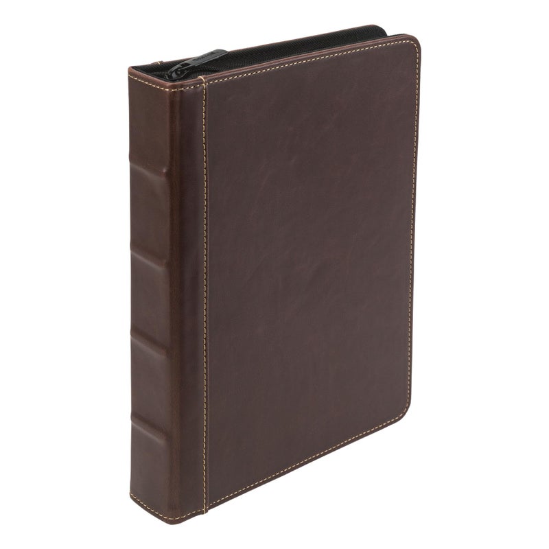 Samsill Vintage Leather Mini 3 Ring Zipper Binder, 1 Inch Round Ring Capacity (Holds 200 Sheets), 5.5 x 8.5 Inch Documents, Notebook Organizer, Planner, Brown with Contrast Stitching - Image 1