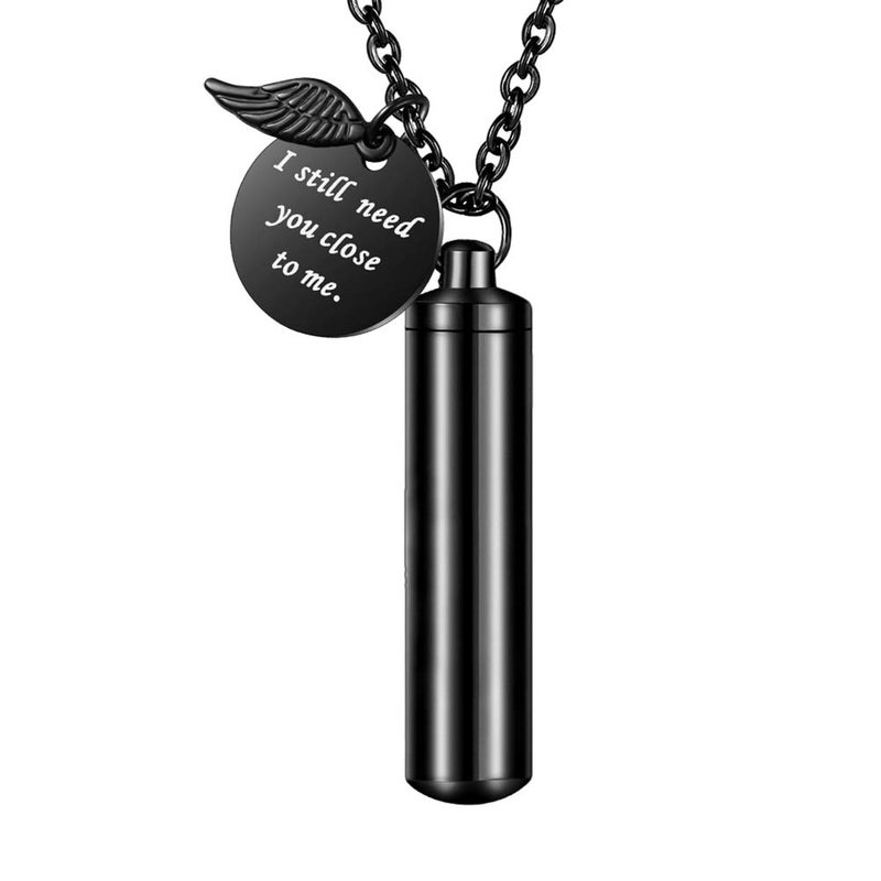 Cylinder Urn Necklace for Ashes Cremation JewelryKeychain for Human Pet Stainless Steel Memorial Keepsake Pendant with Angel Wing Charm Ashes JewelryBlack L
