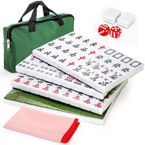 Cedilis Chinese Mahjong Set 146 Small Melamine Tiles118 Green with Portable Travel Handbag Playing Mat and 2 Dice for Family Gathering - Image 1
