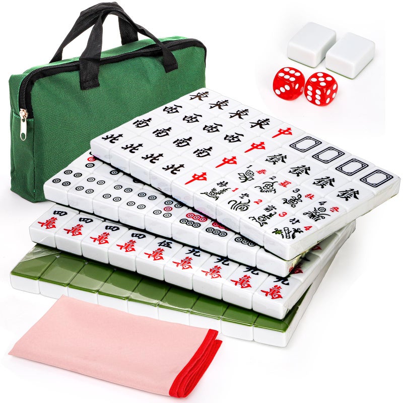 Cedilis Chinese Mahjong Set 146 Small Melamine Tiles118 Green with Portable Travel Handbag Playing Mat and 2 Dice for Family Gathering - Image 3