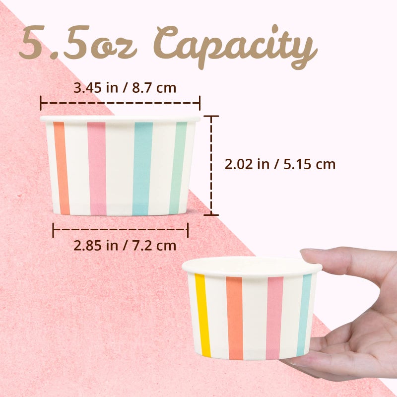 MATICAN Paper Ice Cream Cups, 50-Count 5.5-Oz Disposable Dessert, Snack Bowls for Hot or Cold Food, 5.5-Ounce Party Supplies Treat Cups for Sundae, Frozen Yogurt, Soup, Pastel Stripes - Image 4