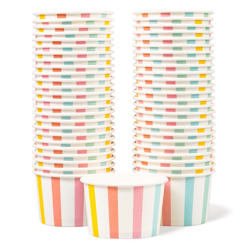 MATICAN Paper Ice Cream Cups, 50-Count 5.5-Oz Disposable Dessert, Snack Bowls for Hot or Cold Food, 5.5-Ounce Party Supplies Treat Cups for Sundae, Frozen Yogurt, Soup, Pastel Stripes - Image 1