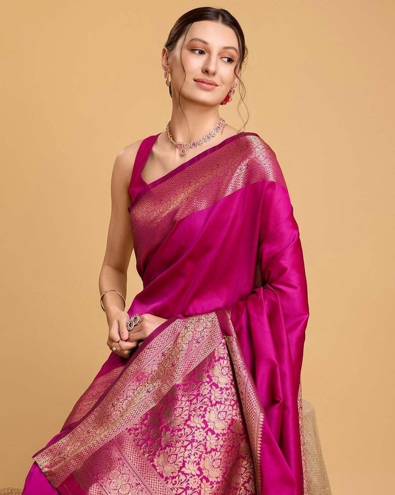 AMIRAT Women's Banarasi silk plain saree With Golden Zari Woven Border With Blouse Piece (Pink) - Image 3
