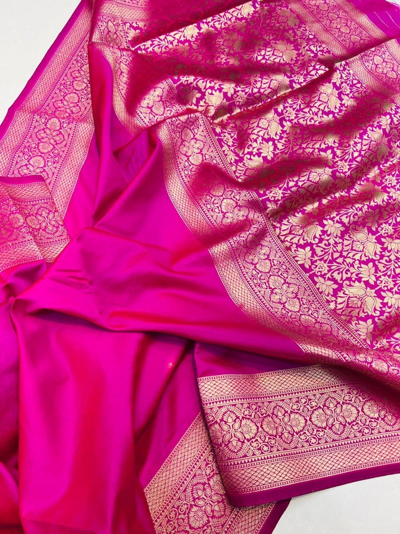 AMIRAT Women's Banarasi silk plain saree With Golden Zari Woven Border With Blouse Piece (Pink) - Image 5