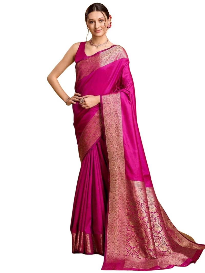 AMIRAT Women's Banarasi silk plain saree With Golden Zari Woven Border With Blouse Piece (Pink) - Image 1