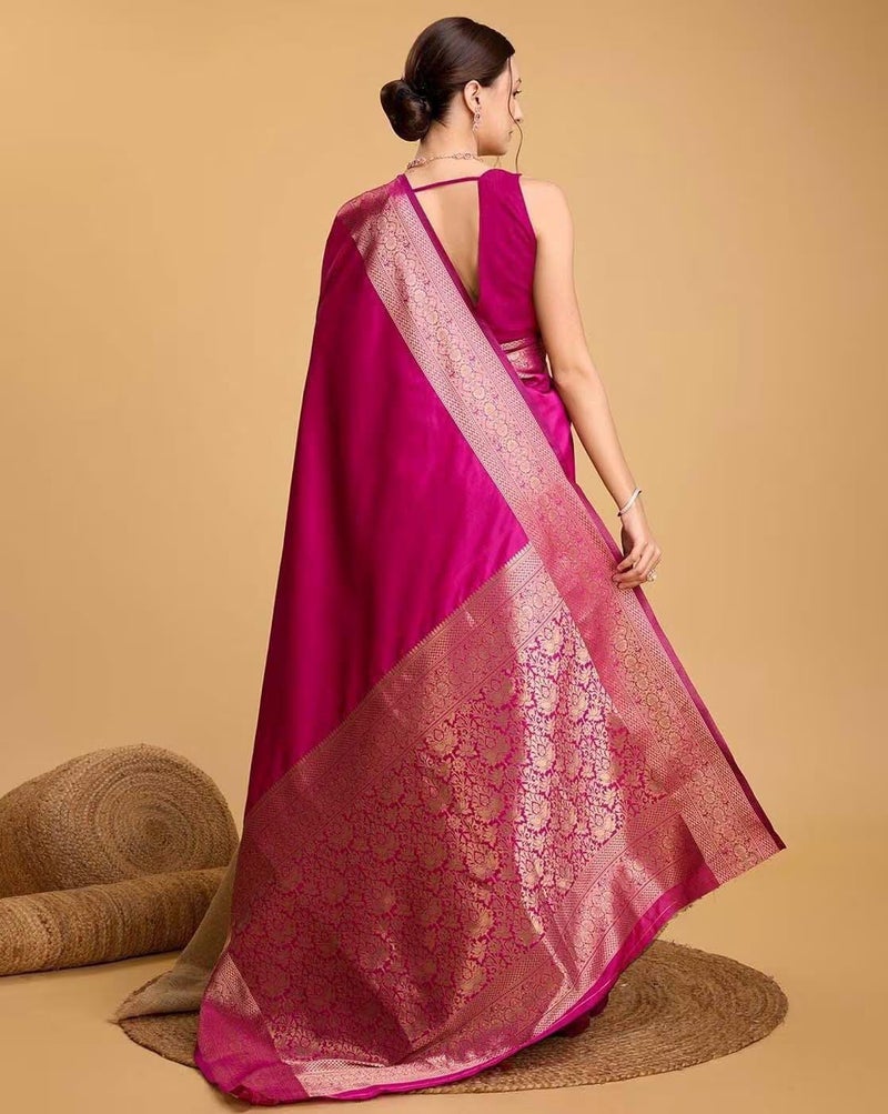 AMIRAT Women's Banarasi silk plain saree With Golden Zari Woven Border With Blouse Piece (Pink) - Image 4