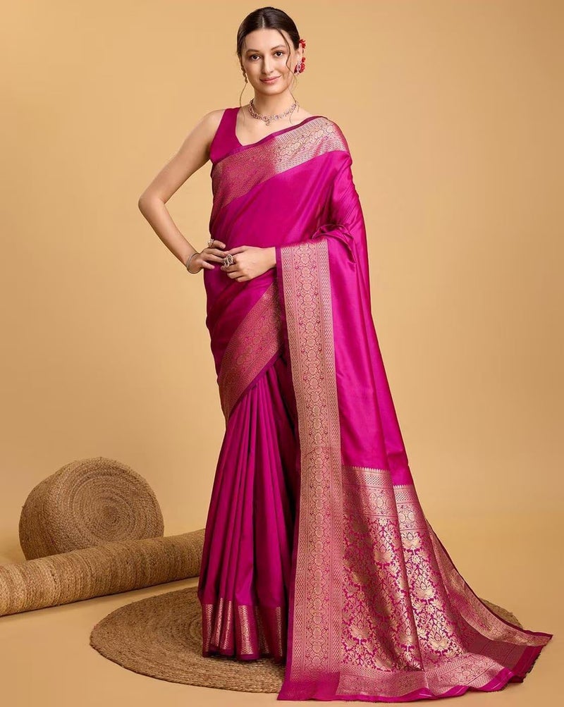 AMIRAT Women's Banarasi silk plain saree With Golden Zari Woven Border With Blouse Piece (Pink) - Image 2