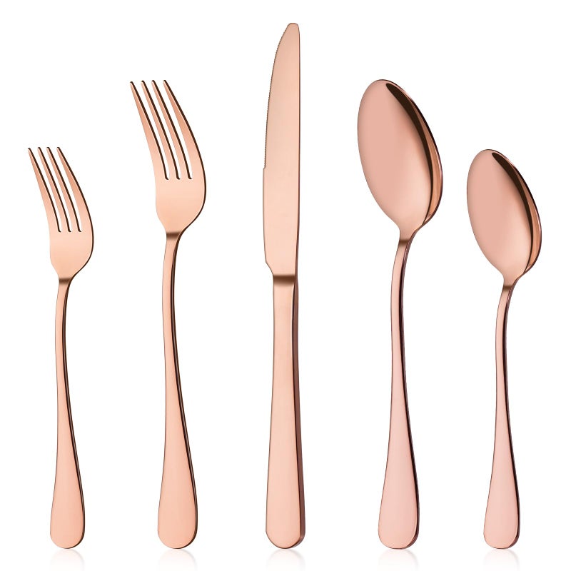 Briout Rose Gold Silverware Set, 20 Piece Cutlery Set, Stainless Steel Flatware Set Service for 4 Include Spoons Forks Knives Tableware Utensil Set for Kitchen Home Restaurant, Shiny Rose Gold Polish - Image 1