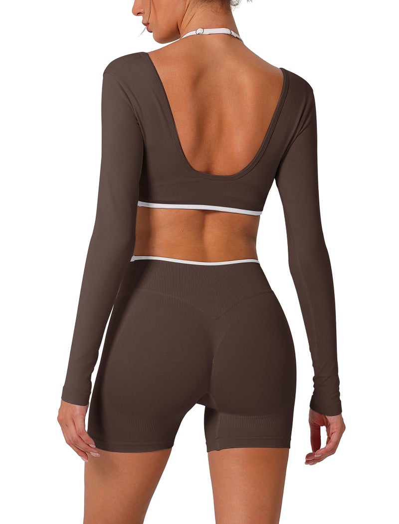 AGYMNX Workout Sets for Women 2 Piece Contrast Panel Long Sleeve Halter Crop Top and Butt-lifting Shorts Jogger Outfits - Image 2