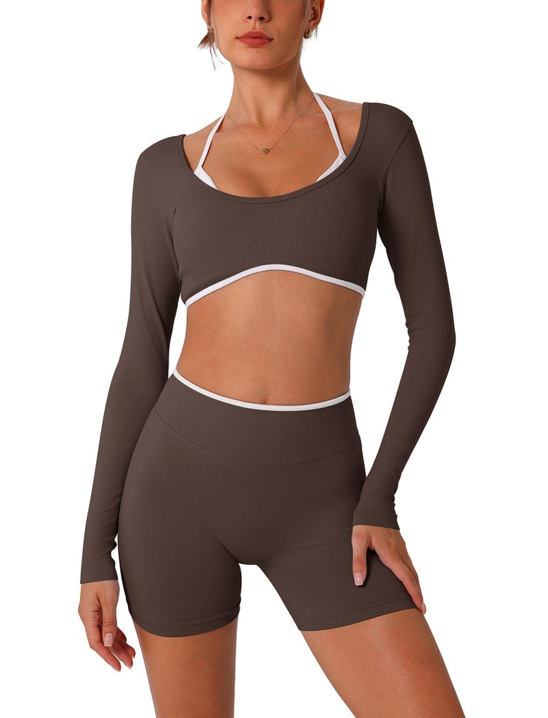 AGYMNX Workout Sets for Women 2 Piece Contrast Panel Long Sleeve Halter Crop Top and Butt-lifting Shorts Jogger Outfits - Image 1