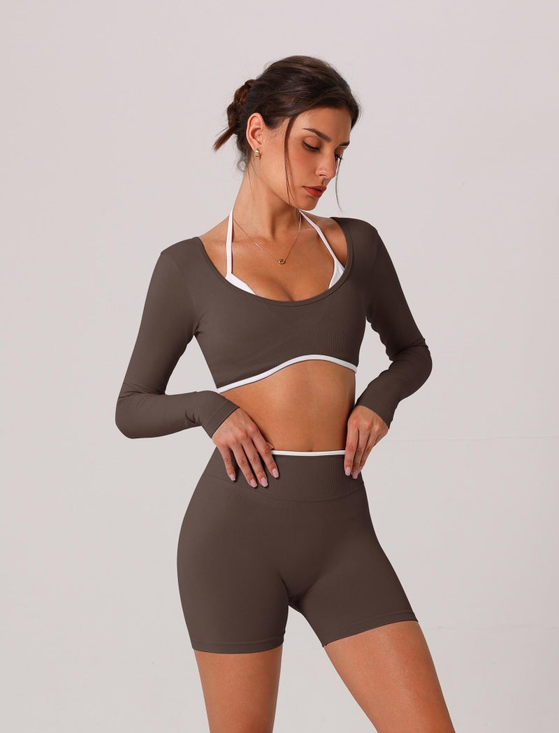 AGYMNX Workout Sets for Women 2 Piece Contrast Panel Long Sleeve Halter Crop Top and Butt-lifting Shorts Jogger Outfits - Image 3