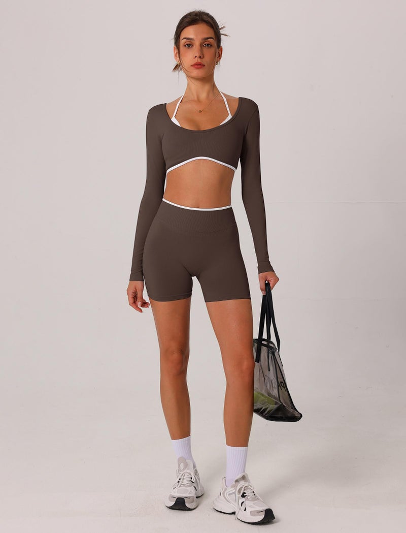 AGYMNX Workout Sets for Women 2 Piece Contrast Panel Long Sleeve Halter Crop Top and Butt-lifting Shorts Jogger Outfits - Image 5