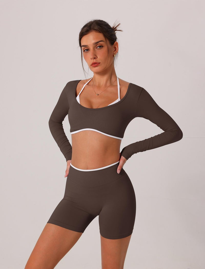 AGYMNX Workout Sets for Women 2 Piece Contrast Panel Long Sleeve Halter Crop Top and Butt-lifting Shorts Jogger Outfits - Image 4