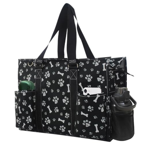 NGIL Zip-Top Tote Bag with Exterior Pockets for Working Women, Teachers, Nurses, and Moms, Design in USA (NGIL Zip-Printed Paws-black) - Image 1
